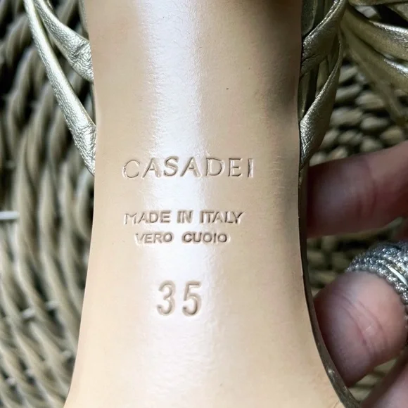 Casadei Gold Leather Strappy Woven Heeled Sandals - Picture 12 of 13